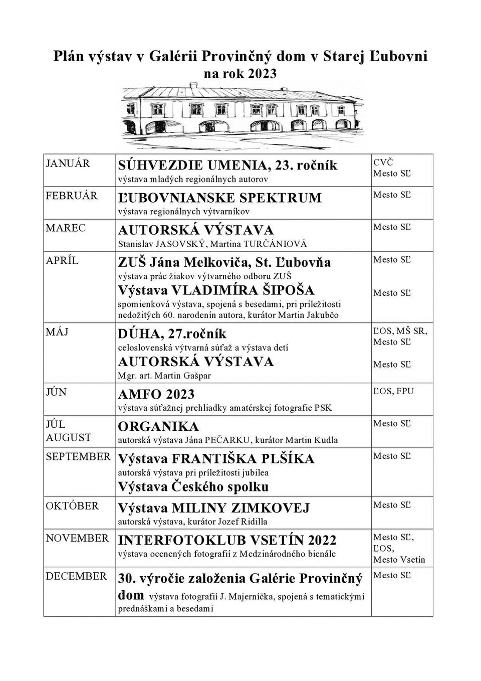 Plán výstav v Galérii Provinčný dom na rok 2023