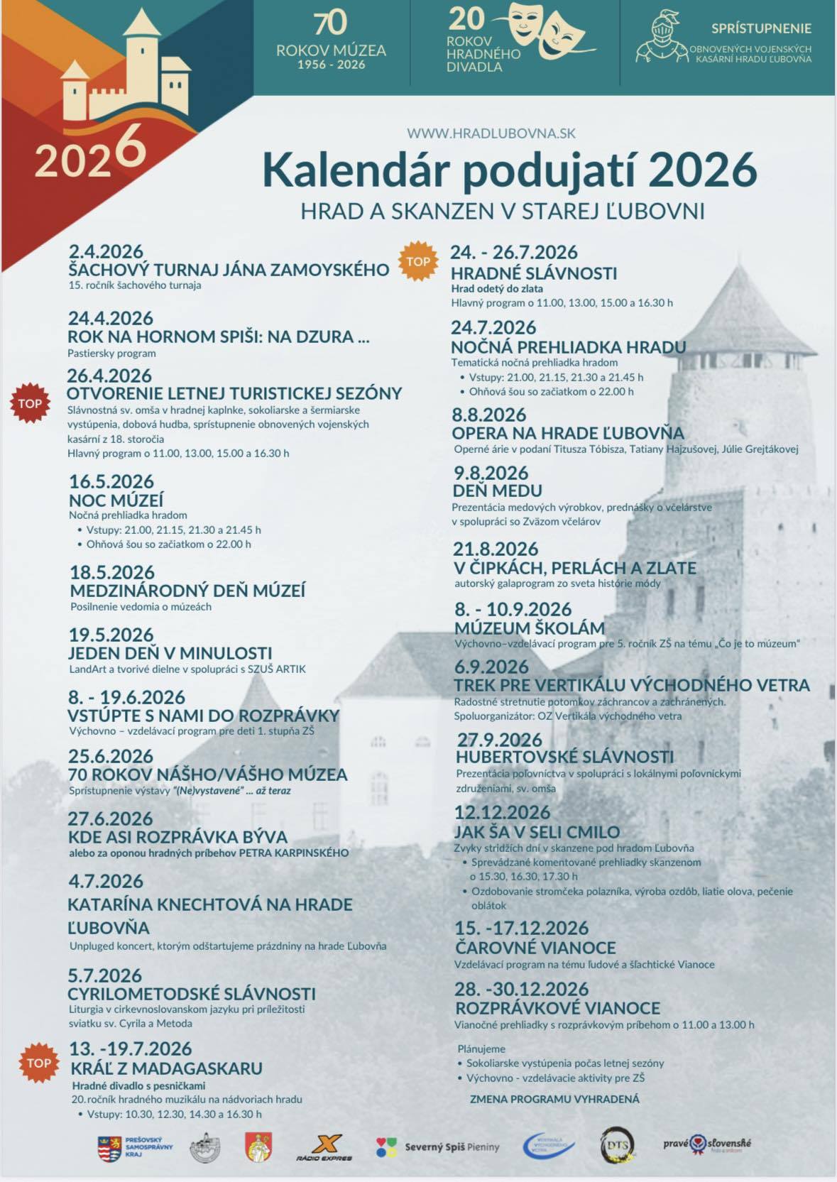 Kalendár podujatí 2026 - Hrad a Skanzen v Starej Ľubovni